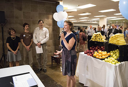 Claire Hannapel speaking at a Real Food Challenge celebration event