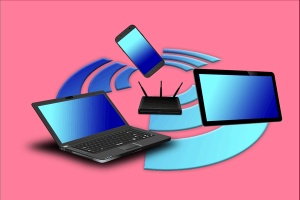 Home computer network with laptop, router, tablet and mobile device