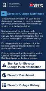 Carolina Ready app screenshot of elevator outage